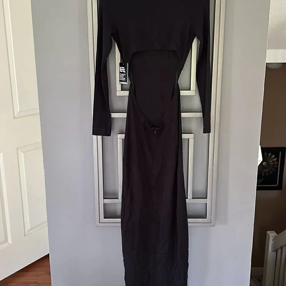 NWT Express black cut out back long sleeve maxi dress low V-neck XS